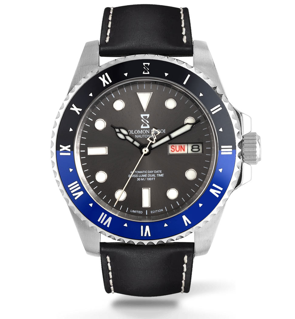 – Nautonier Leather Blue Day Black - Time Timepieces Dual & - LEROI - Solomon Date