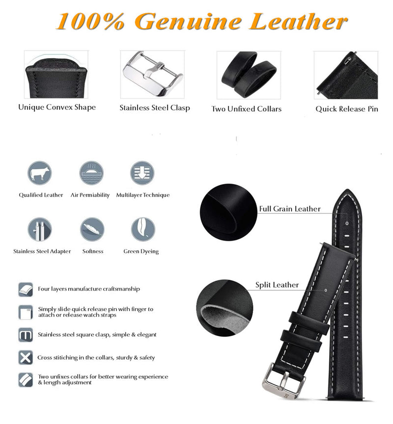 Genuine Hand Made Leather Strap 20mm - Black