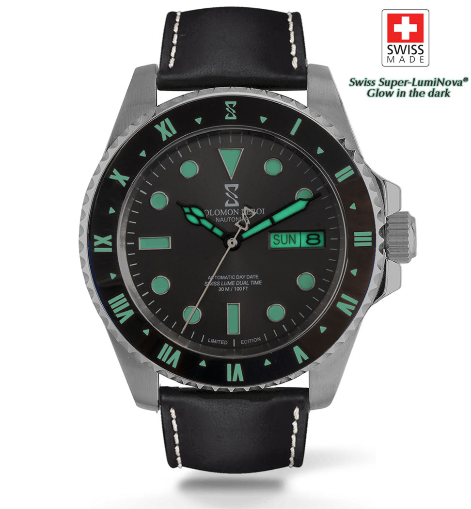 Nautonier - Dual Time Day Date - Black - Leather