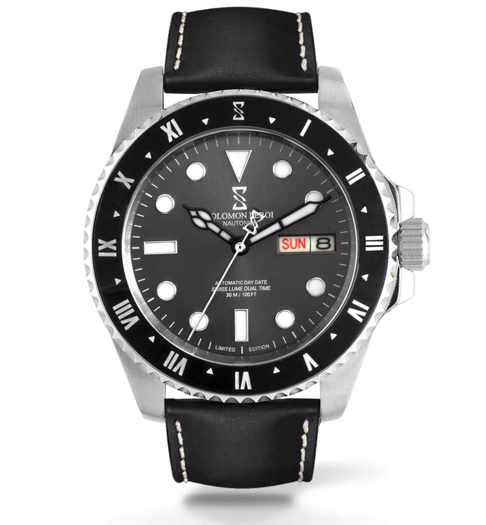 Nautonier - Dual Time Day Date - Black - Leather