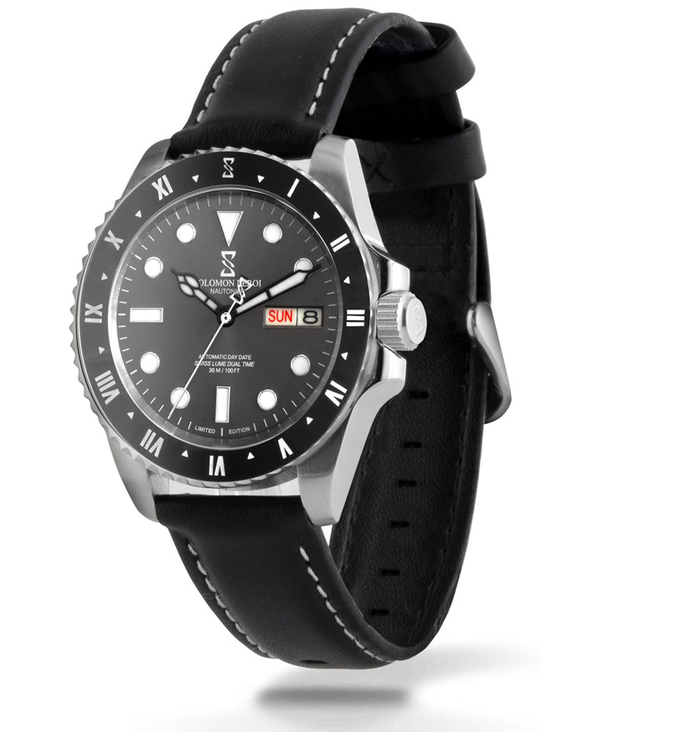 Nautonier - Dual Time Day Date - Black - Leather