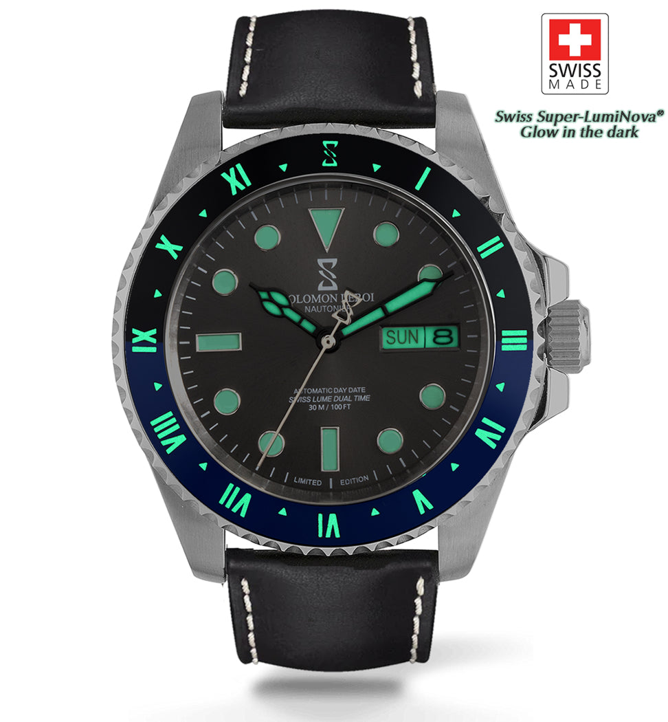 Nautonier - Dual Time Day Date - Black & Blue - Leather