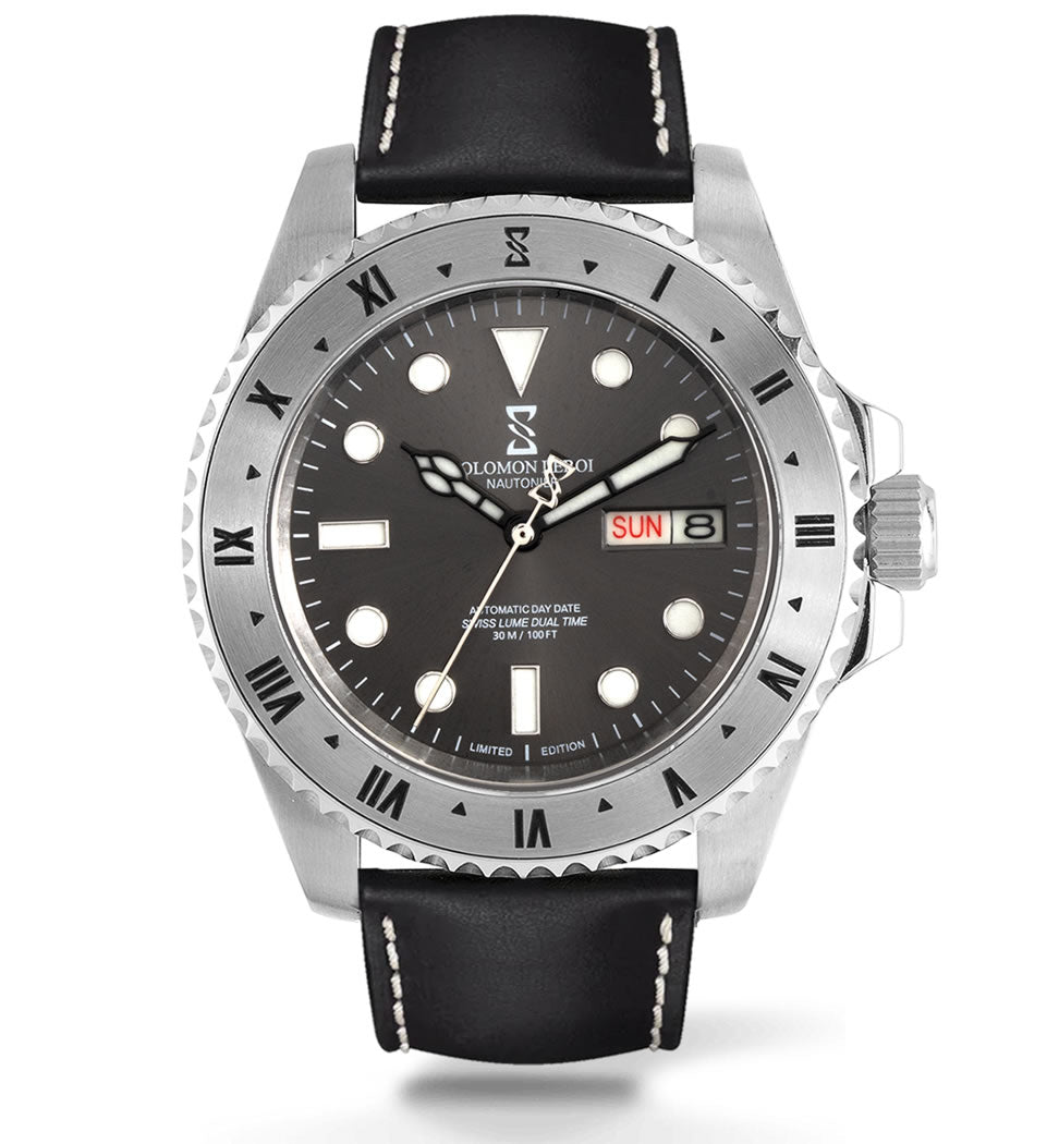 Nautonier - Dual Time Day Date - Silver - Leather