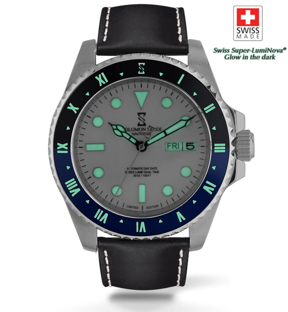 Nautonier - Day Date Dual Time - Black & Blue - Leather