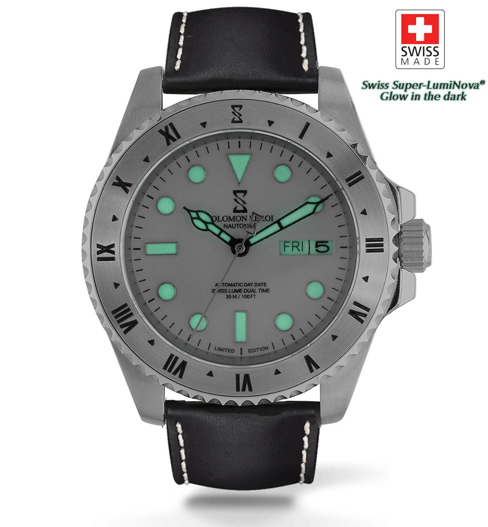 Nautonier - Day Date Dual Time - Silver - Leather