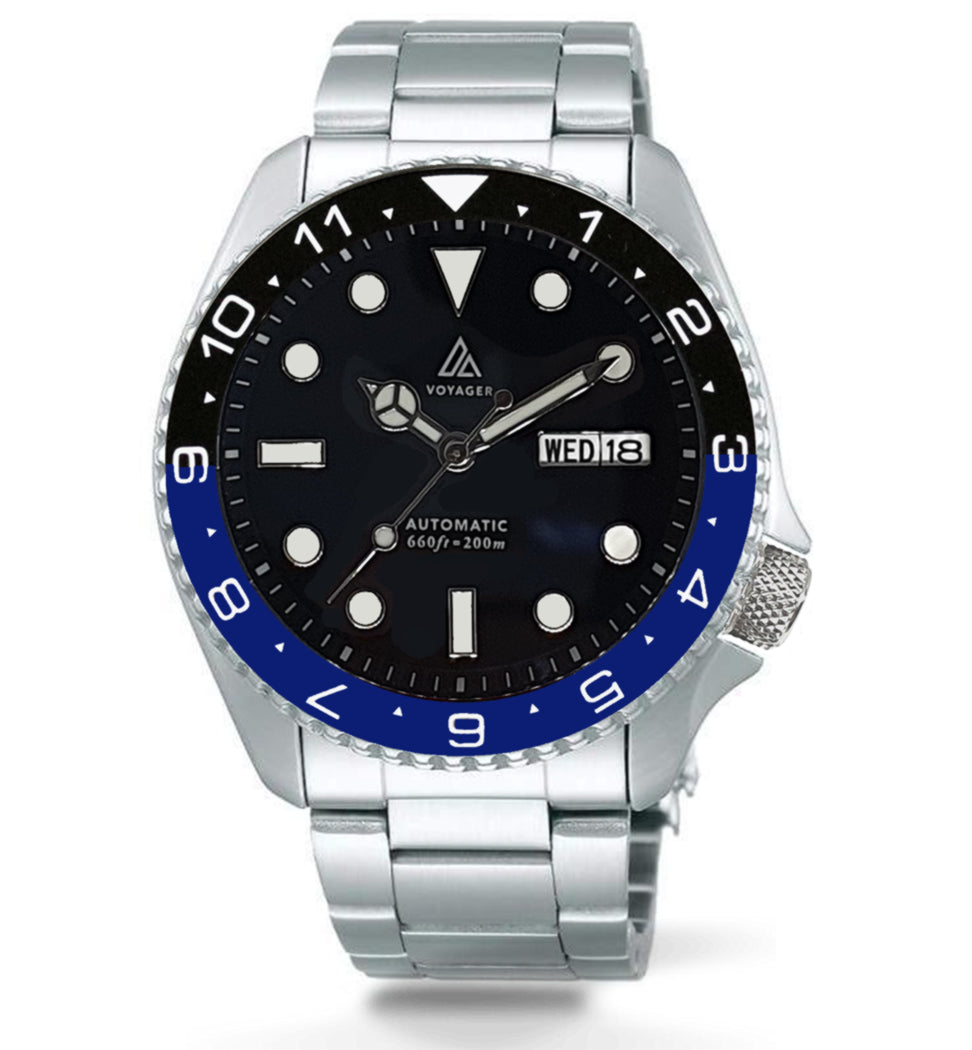 Voyager - Dual Time Day Date - Stainless - Black & Blue