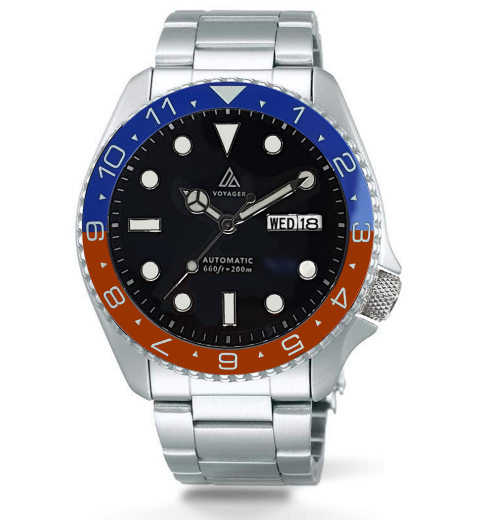 Voyager - Dual Time Day Date - Stainless - Black - Red & Blue