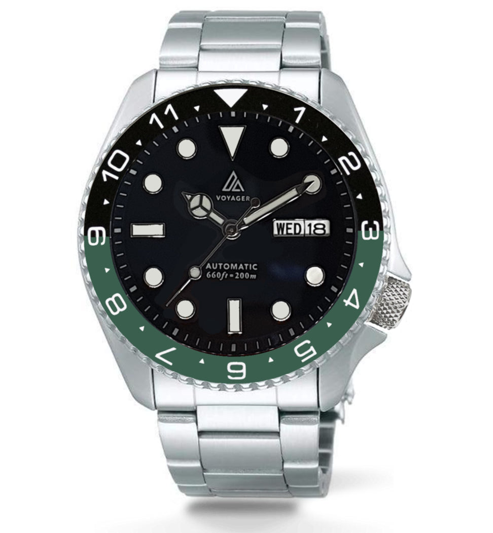Voyager - Dual Time Day Date - Stainless - Black & Green