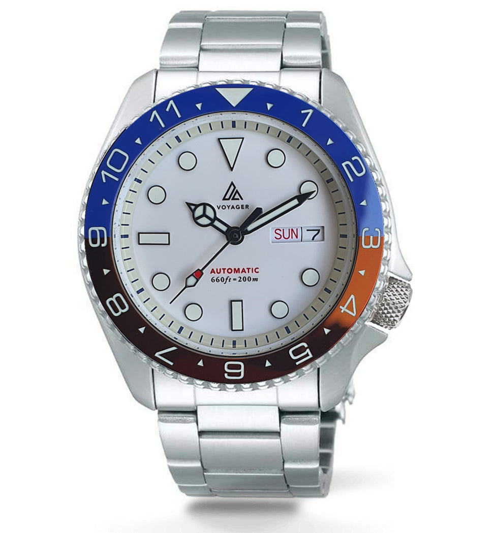 Voyager - Dual Time Day Date - Stainless - Red & Blue