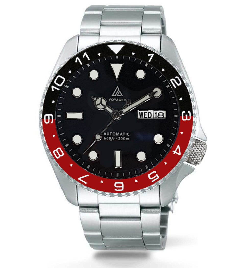 Voyager - Dual Time Day Date - Stainless - Black & Red