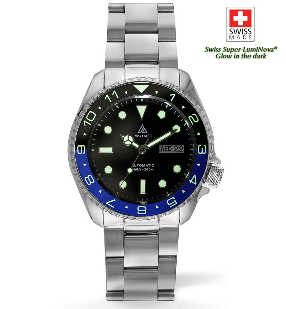 Voyager - Dual Time Day Date - Stainless - Black & Blue