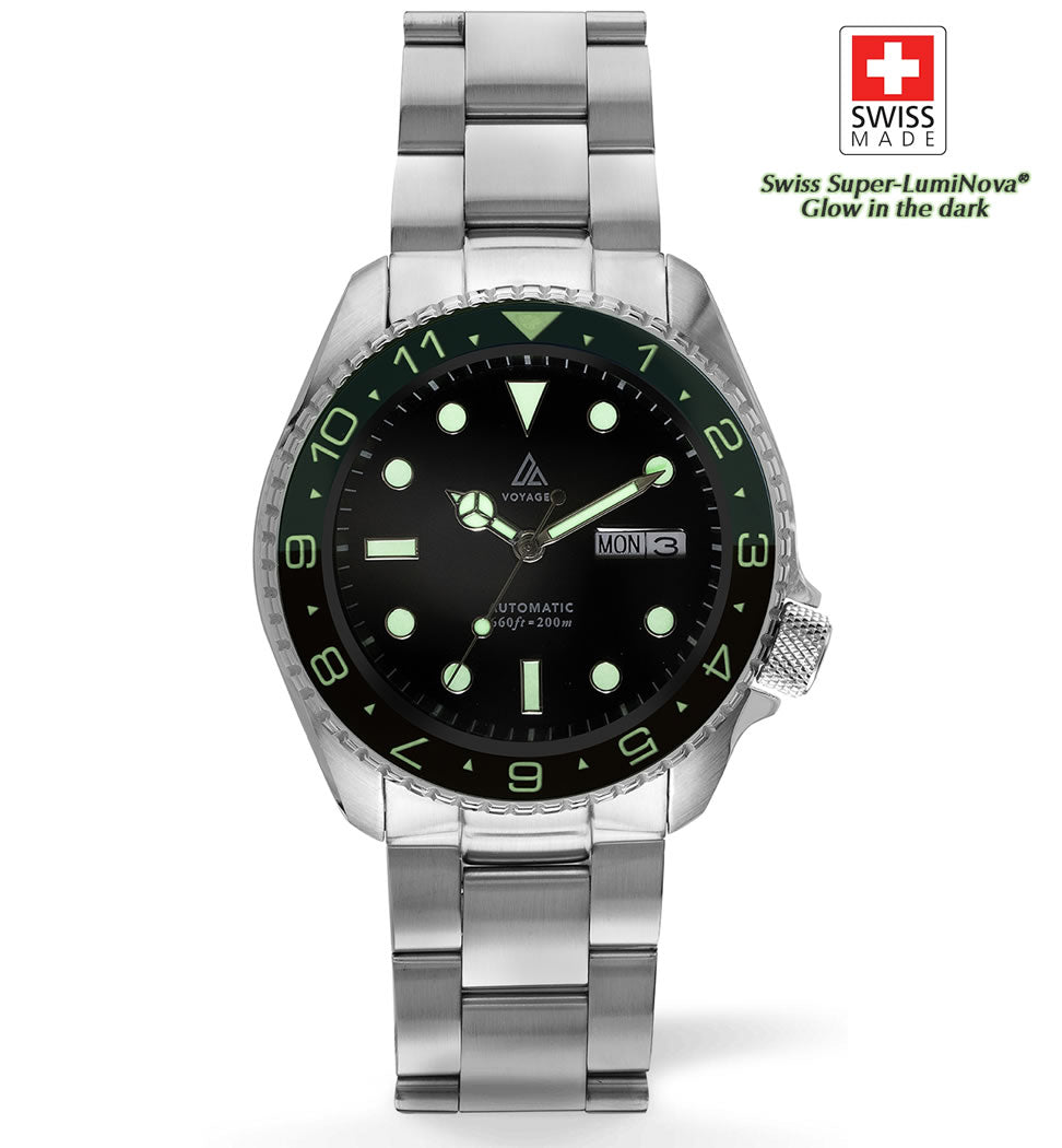 Voyager - Dual Time Day Date - Stainless - Black & Green