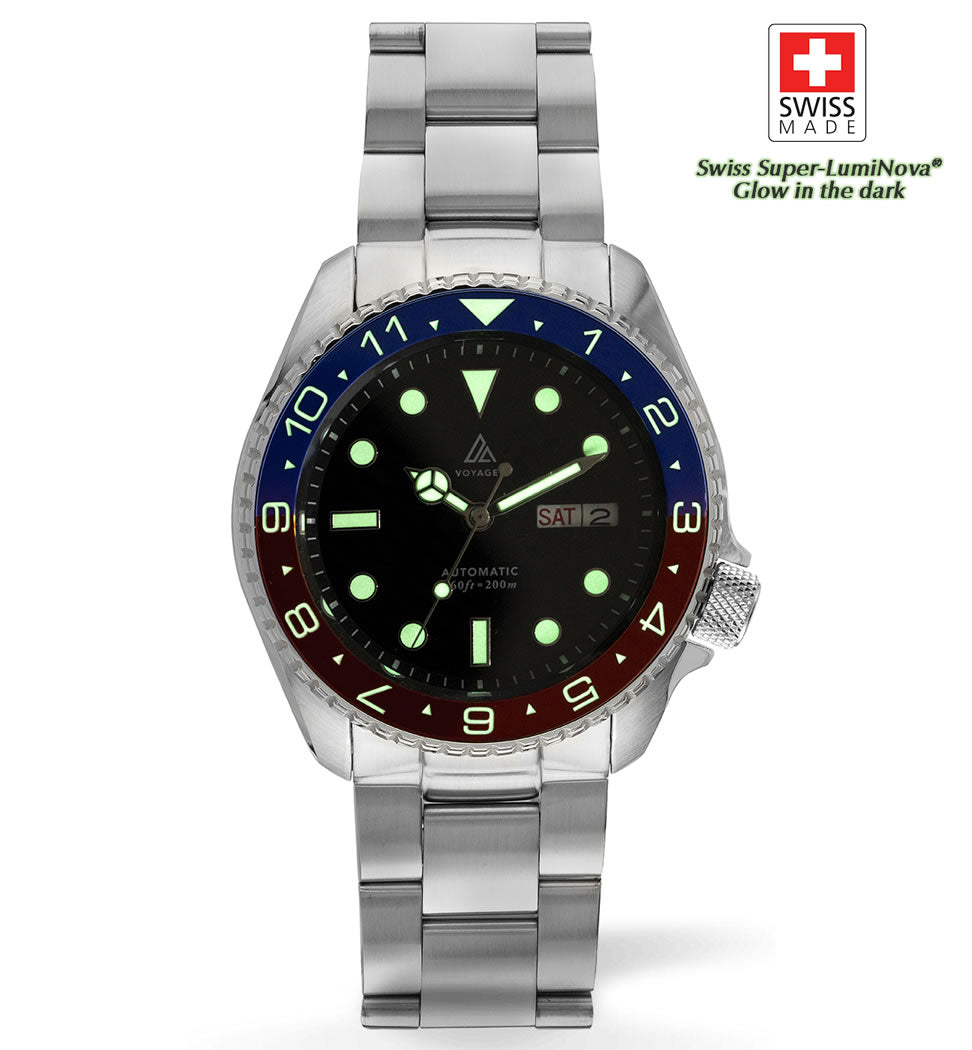 Voyager - Dual Time Day Date - Stainless - Black - Red & Blue