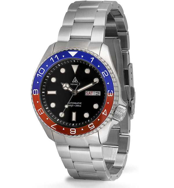 Voyager - Dual Time Day Date - Stainless - Black - Red & Blue
